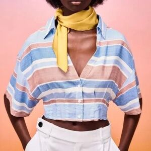ZARA Red Blue White Stripe Linen Blend Short Sleeve Button-Down Crop Top Size M